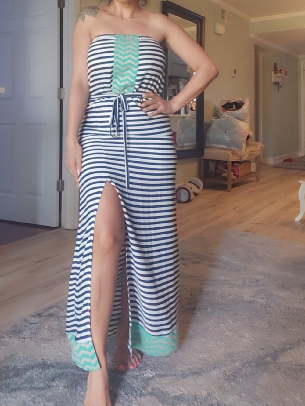THLM Striped Navy and White Strapless Maxi Dress - Women XS